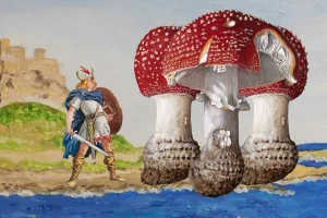 Collage of Viking Illustration with Mushrooms