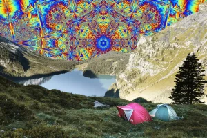 Collage of tents in mountains with kaleidoscopic backdrop