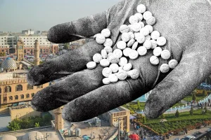 Collage of Hand Holding Pills over City Background