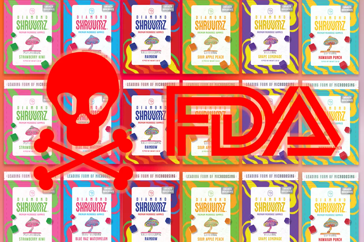 Collage of Shroom Packaging with Posion Symbol and FDA Logo