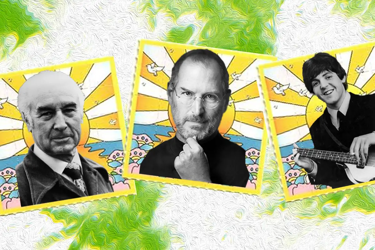 Collage of Steve Jobs, Albert Hofmann, Paul McCartney