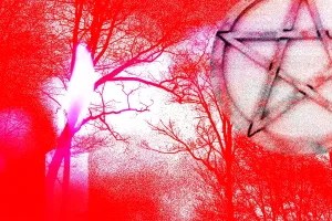 Collage of Trees, Candle, and Wiccan Star