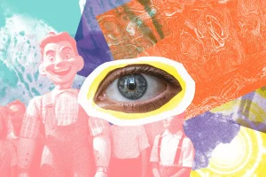 Collage of Trippy videos with Eye cut out in the center