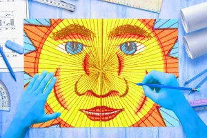 Collage of Person Drawing with Sun Illustration on page