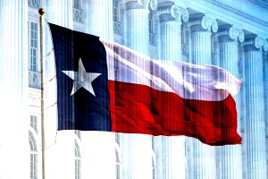 Collage of Texas Flag with Pillars of Court in Background