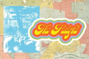 Collage of Hippies Dancing with San Francisco Map Background and Type Treatment of words "The Haight"