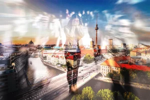 Collage of Stressed Woman with Berlin Skylin in Background