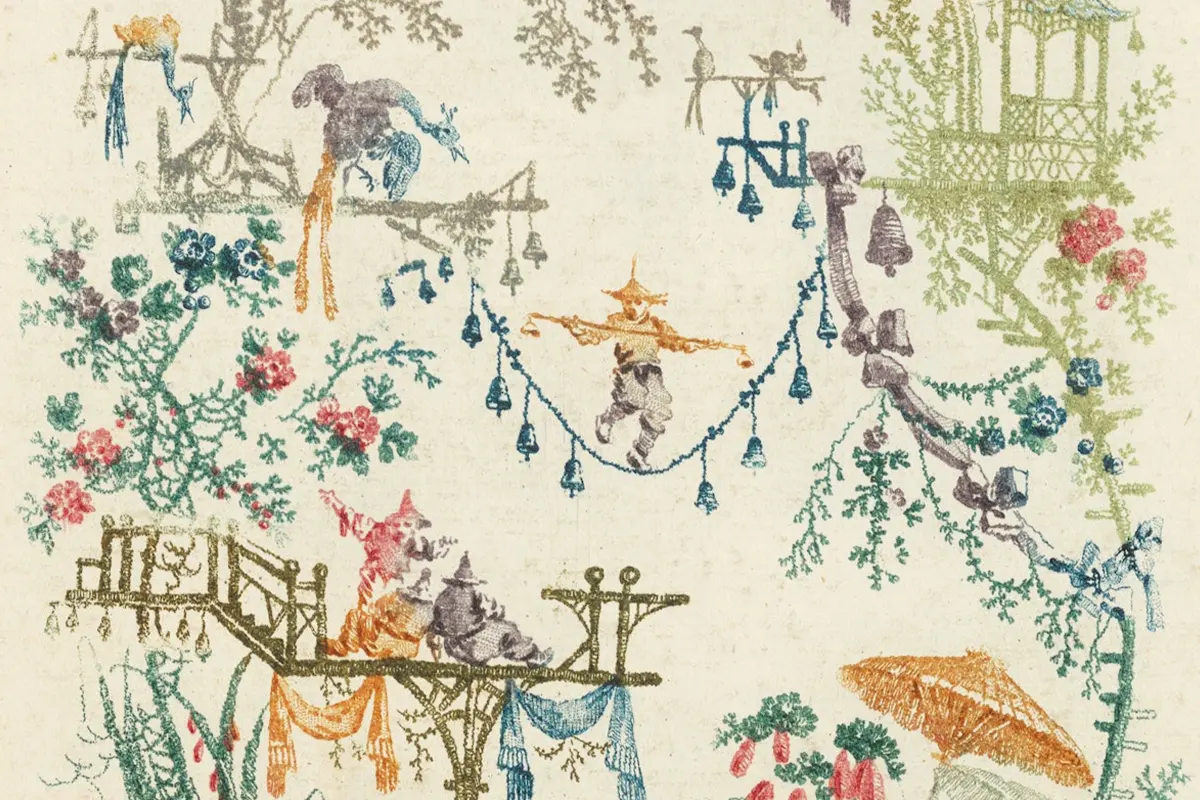 Whimsical Illustration Depicting Man on Tight Rope surrounded by flowers and birds