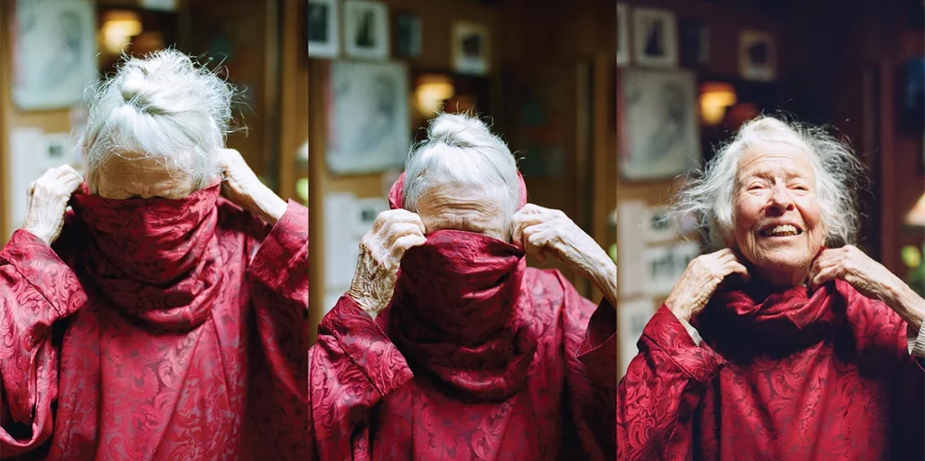 Triptic of Woman Putting on Red Turtleneck
