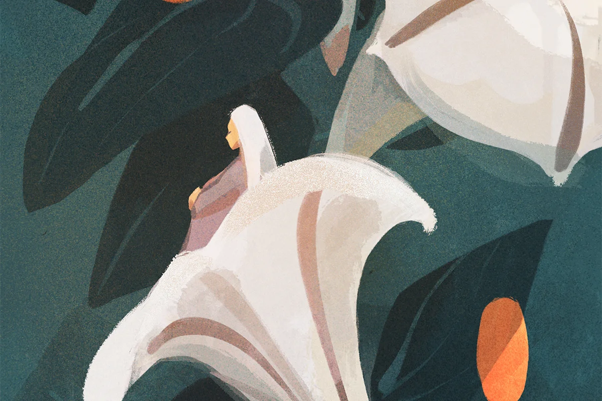 Surreal painting depicting woman sitting in flower