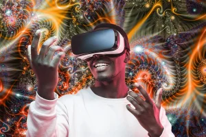 Man Wearing VR goggles with Psychedelic Fractal Background