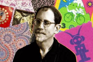 Collage of Man with LSD Blotter Papers in Background