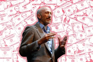 Collage of Man Speaking with Dollar Bills in Background