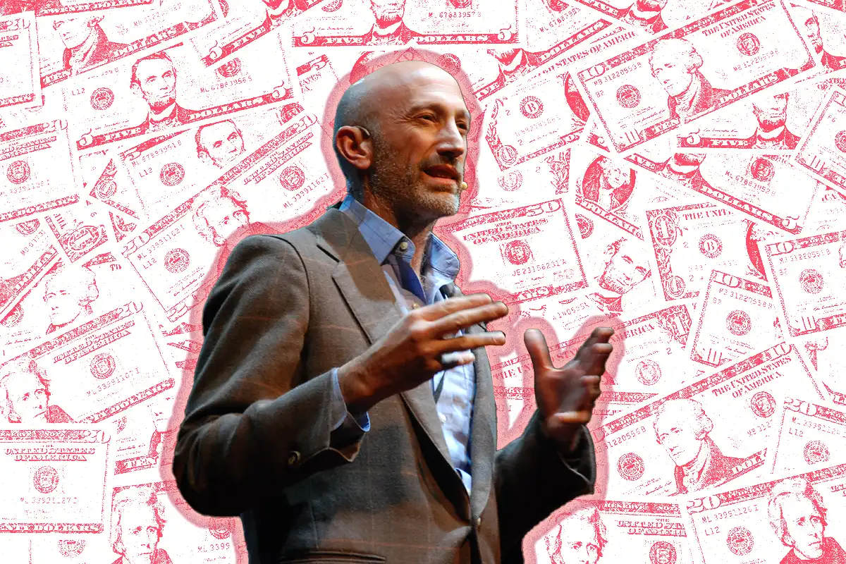 Collage of Man Speaking with Dollar Bills in Background