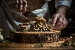 AI Image of Person cutting Mushrooms on Wooden Cutting Board