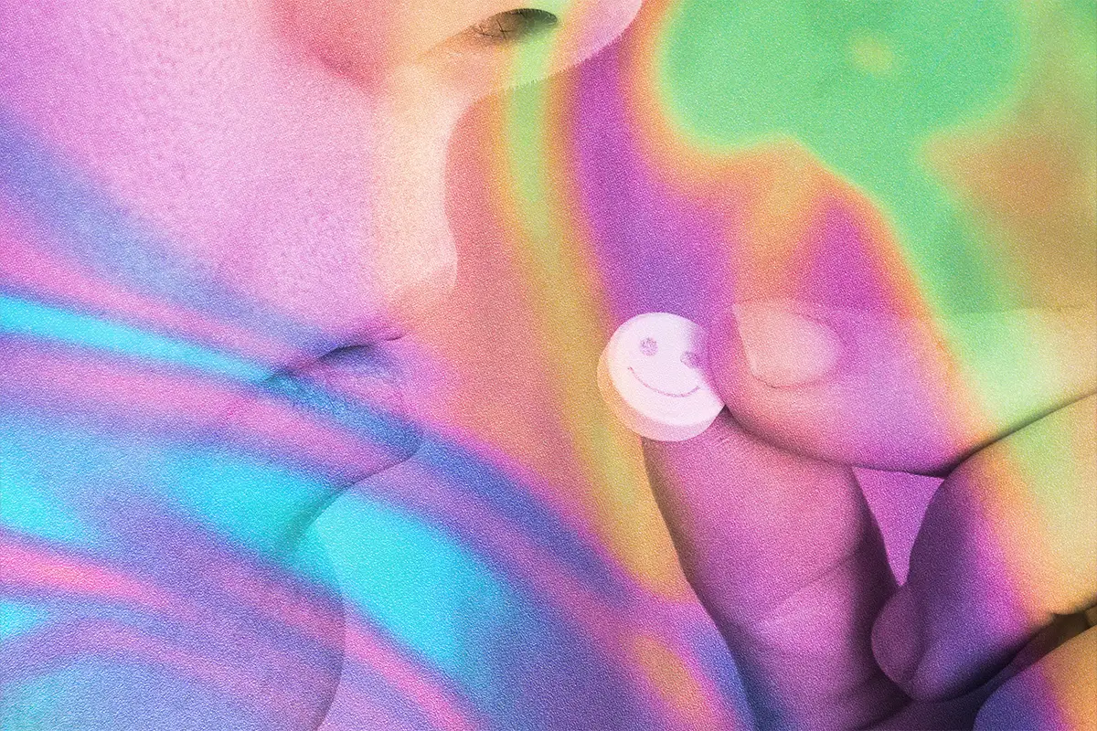 Collage of Close Up Shot of Person Taking Pill with Gradient Overlay