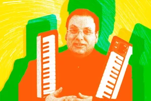 Collage of Man Holding Two Electronic Pianos with Colorful Background