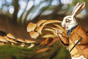 Collage with White Rabbit Illustration and Warped Mushroom Background