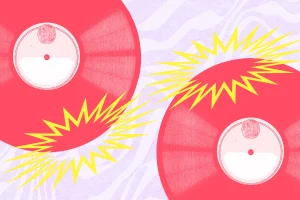 Collage of Records with Yellow Bursts and Groovy Purple Background