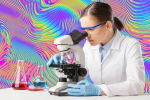 Scientist Looking into Microscope with Trippy Background