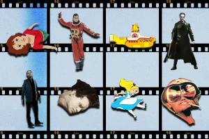 Collage of Characters from Various Movies with Film in Background
