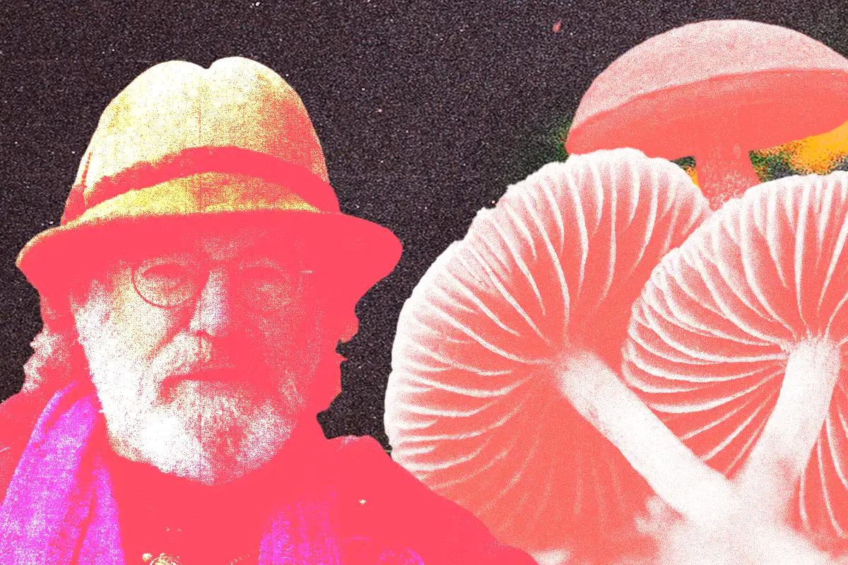Collage of Paul Stamets with Mushrooms in Background